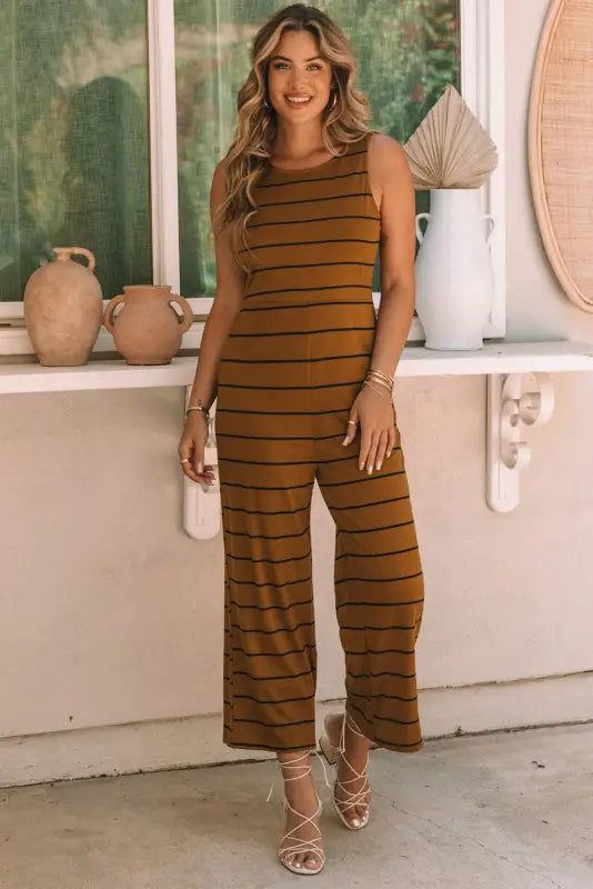 Brown striped sleeveless wide leg jumpsuit - s / 95% polyester + 5% elastane - bottoms