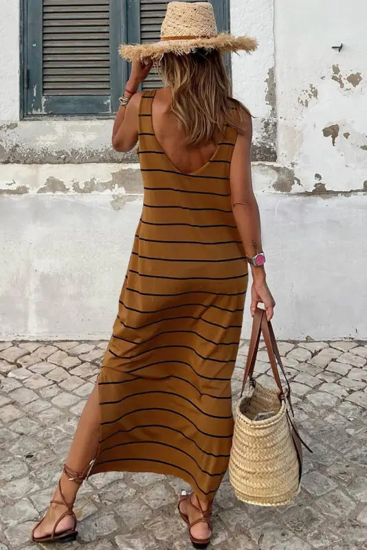 Brown striped sleeveless wide leg jumpsuit - bottoms