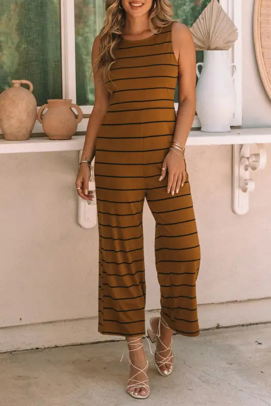 Brown striped sleeveless wide leg jumpsuit - bottoms