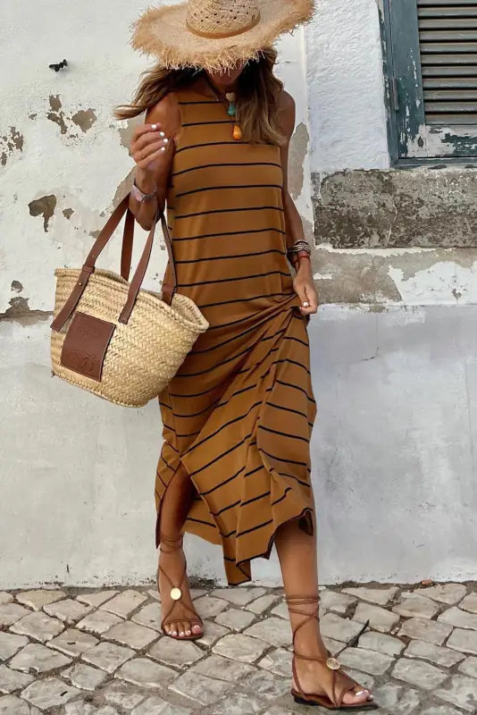 Brown striped sleeveless wide leg jumpsuit - bottoms