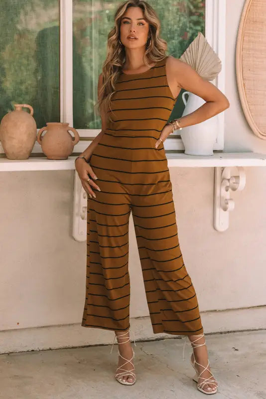 Brown striped sleeveless wide leg jumpsuit - bottoms