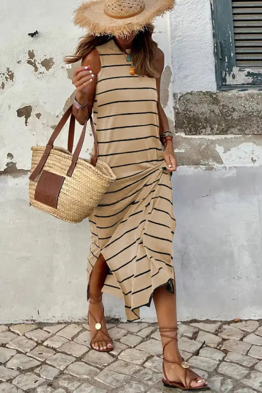 Brown striped sleeveless wide leg jumpsuit - bottoms