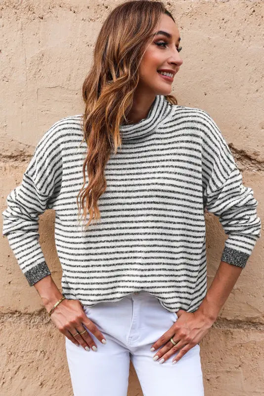 Chic brown striped turtleneck sweater | fashionfitz