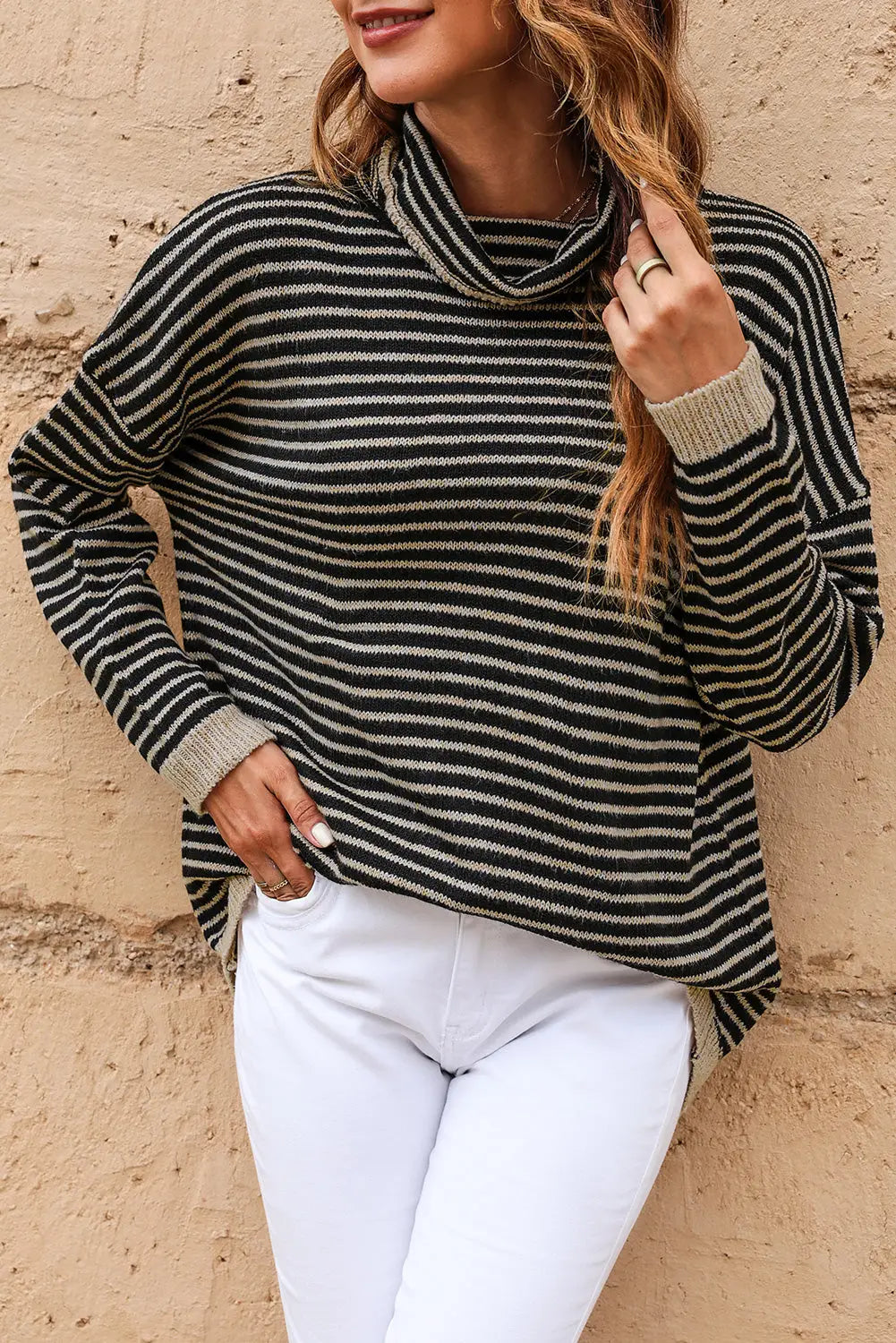 Brown striped turtleneck loose sweater - black / s / 100% polyester - tops