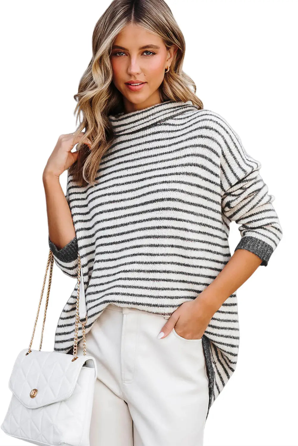 Brown striped turtleneck loose sweater - tops