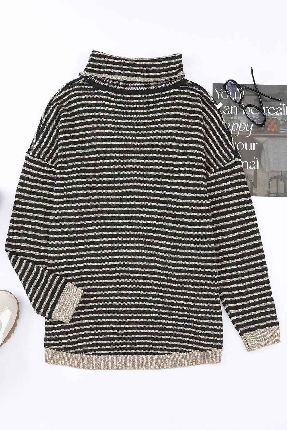 Brown striped turtleneck loose sweater - tops