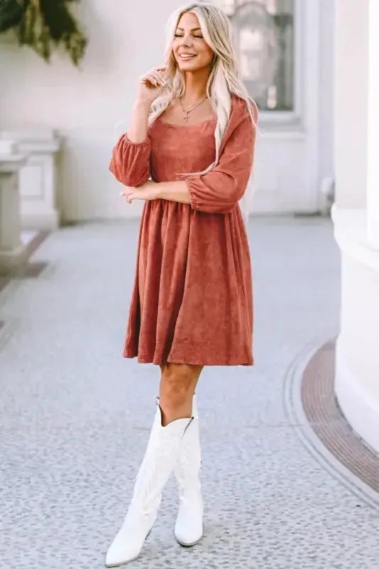 Brown Suede Square Neck Puff Sleeve Dress - Fashionfitz