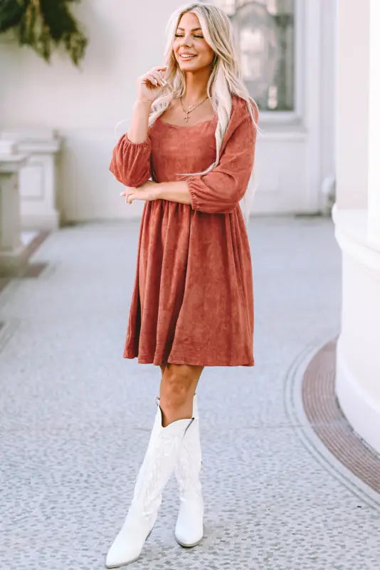 Brown suede square neck puff sleeve dress - mini dresses