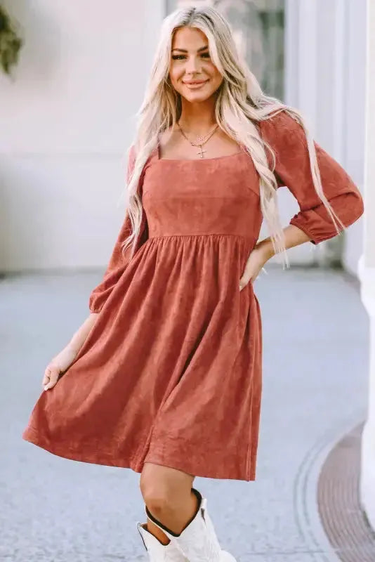Brown Suede Square Neck Puff Sleeve Dress - Fashionfitz