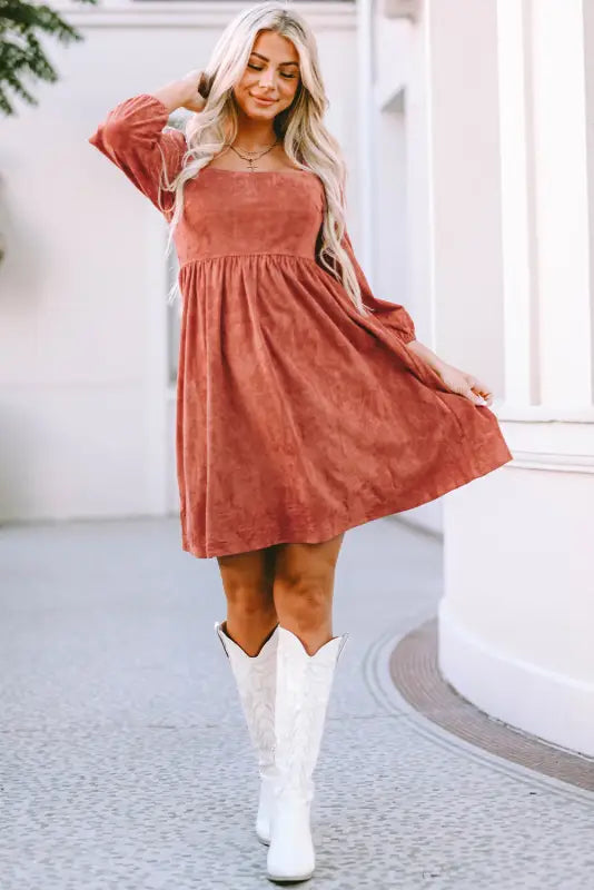 Brown suede square neck puff sleeve dress - mini dresses