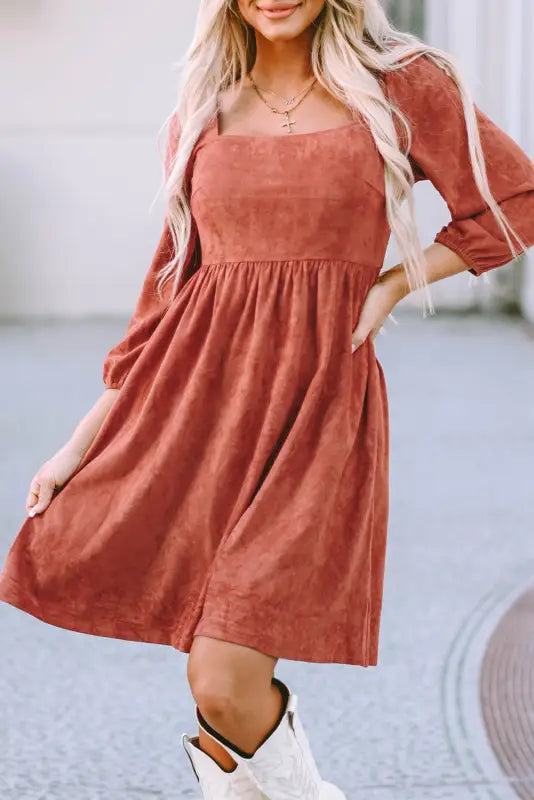 Brown suede square neck puff sleeve dress - mini dresses