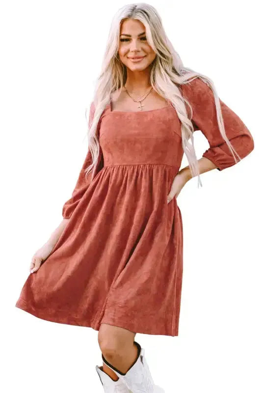 Brown Suede Square Neck Puff Sleeve Dress - Fashionfitz