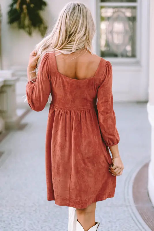 Brown suede square neck puff sleeve dress - mini dresses