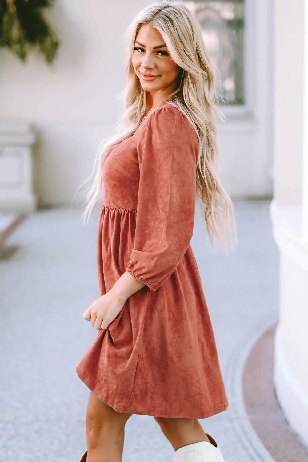 Brown suede square neck puff sleeve dress - mini dresses