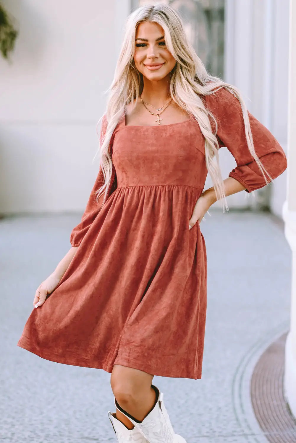 Brown suede square neck puff sleeve dress - s / 88% polyester + 12% elastane - mini dresses