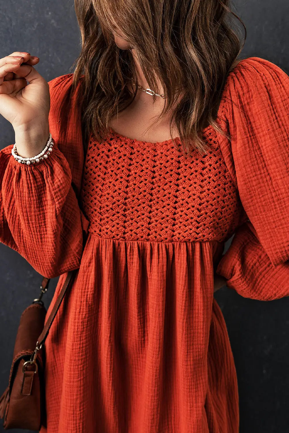 Brown textured front crochet babydoll dress - mini dresses