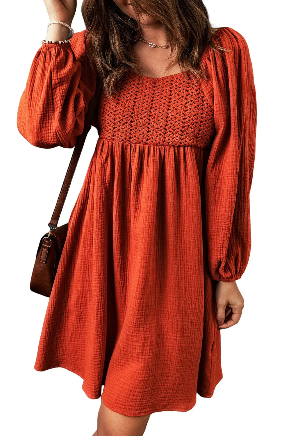Brown textured front crochet babydoll dress - mini dresses