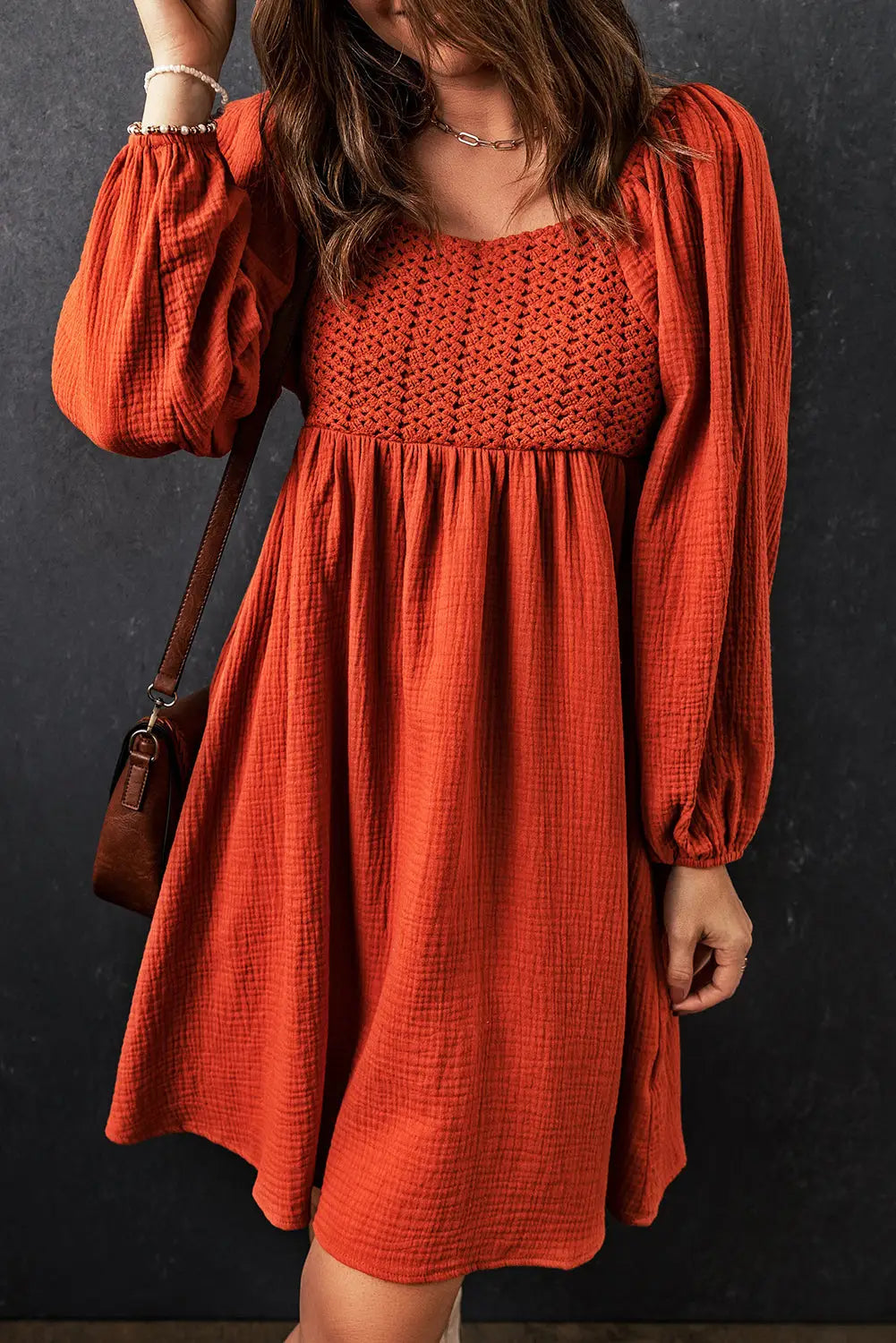 Brown textured front crochet babydoll dress - s / 100% cotton - mini dresses