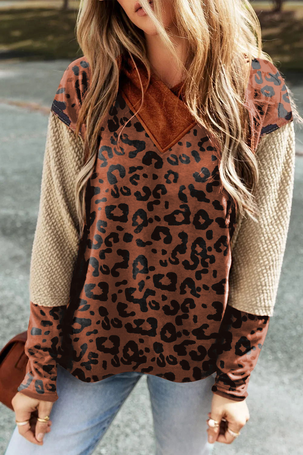 Brown textured knit patchwork leopard hoodie - l / 100% polyester - sweatshirts & hoodies