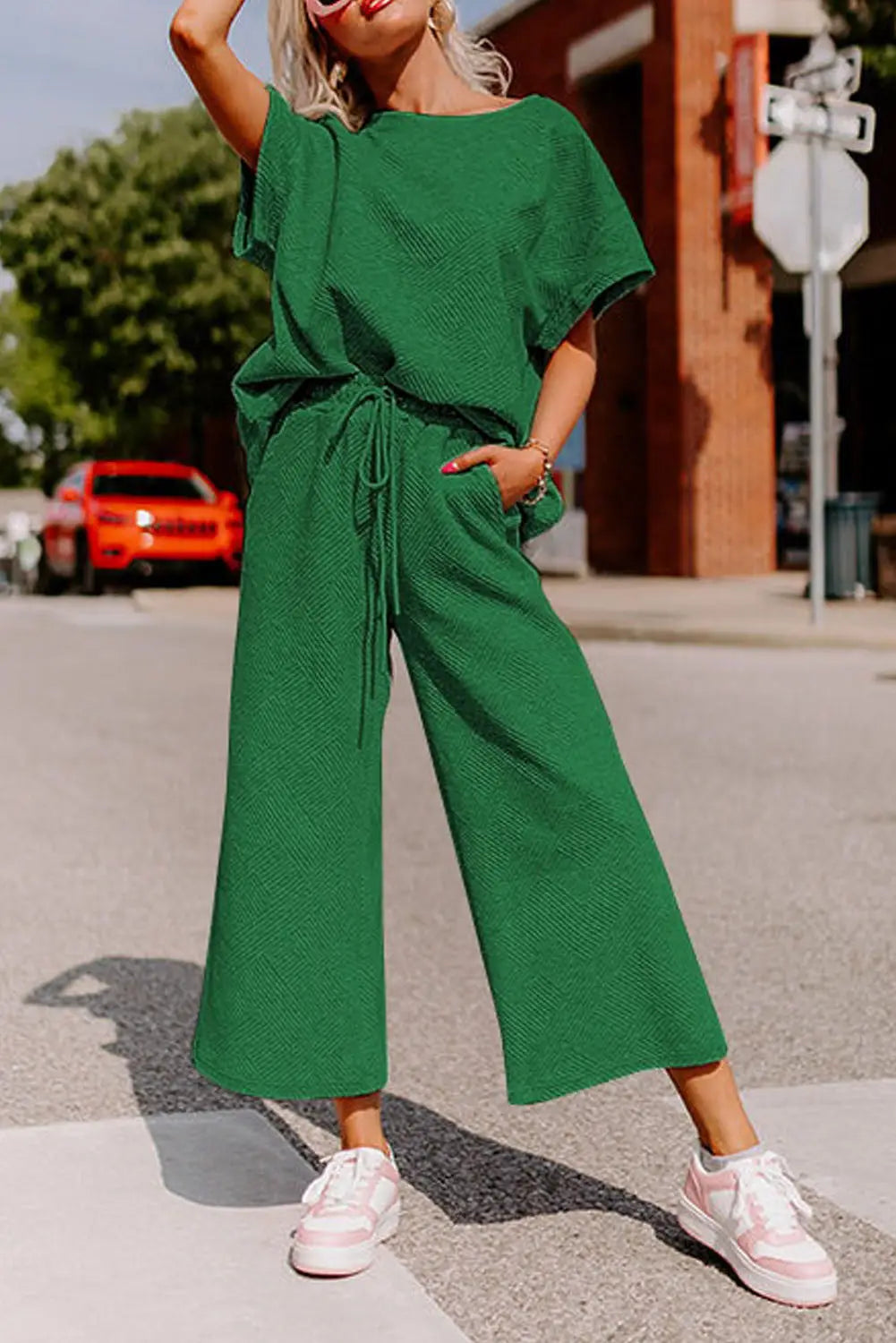 Brown textured loose fit t shirt and drawstring pants set - dark green / s / 95% polyester + 5% elastane - loungewear