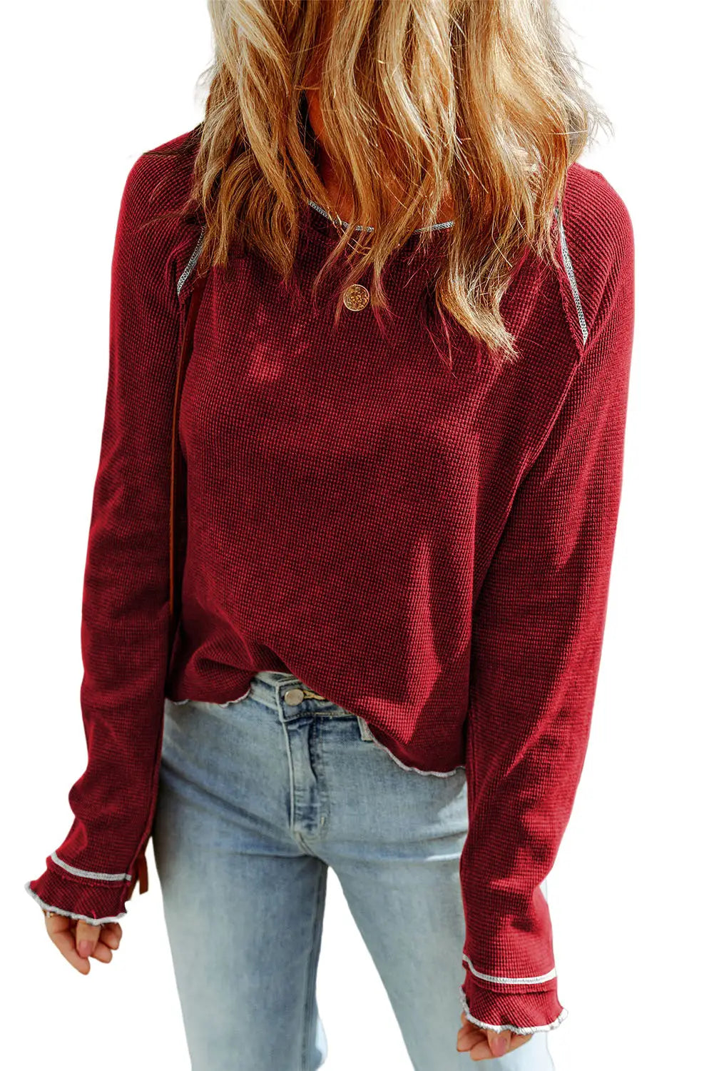 Brown textured round neck long sleeve top - tops