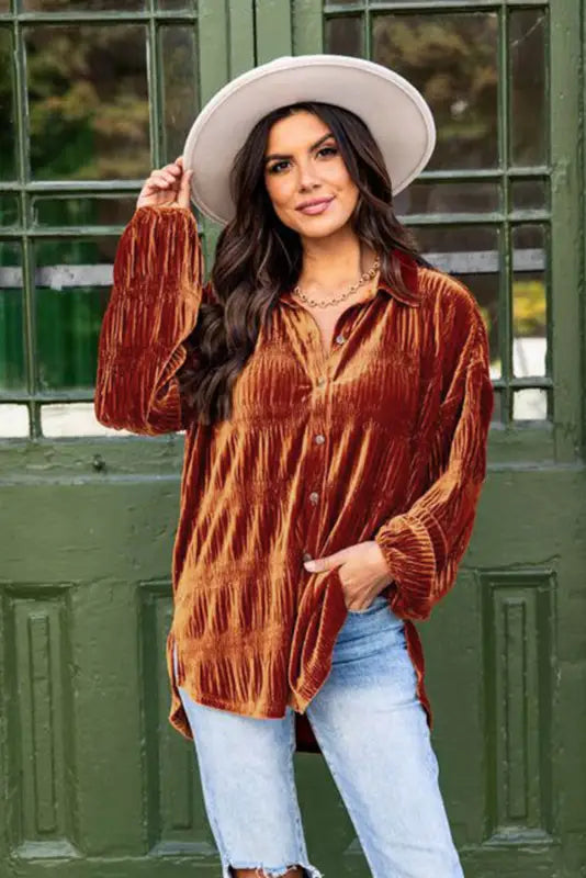 Brown solid color textured velvet button up shirt - blouses & shirts