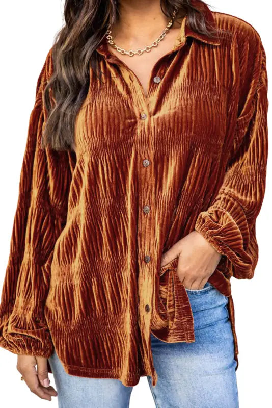 Brown solid color textured velvet button up shirt - blouses & shirts