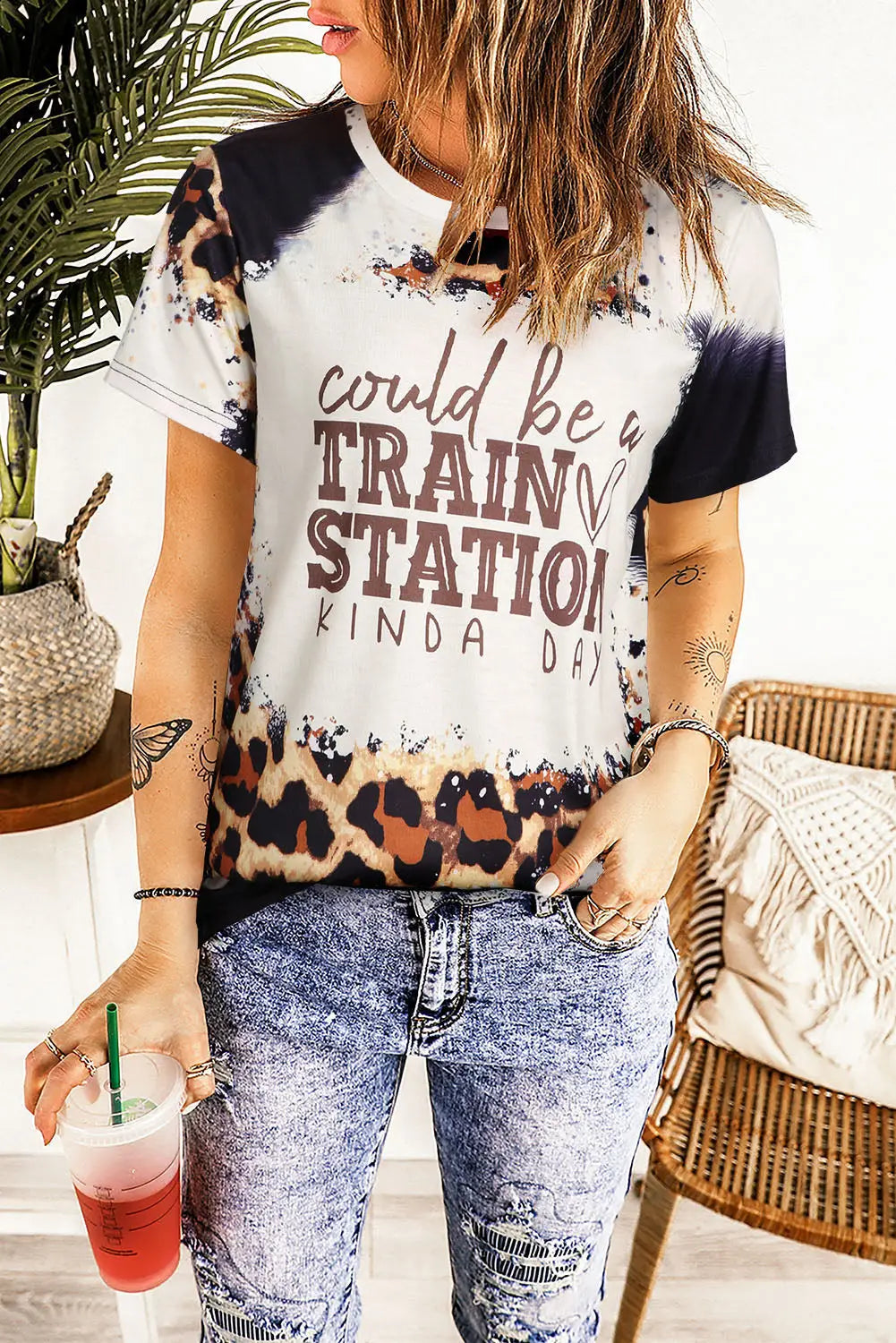 Brown train station graphic leopard print t shirt - t-shirts