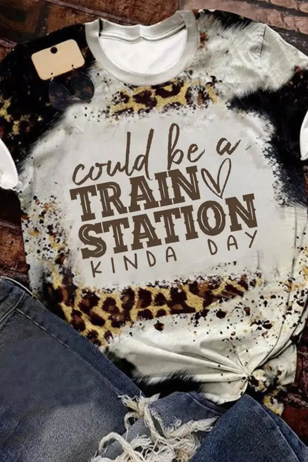 Brown train station graphic leopard print t shirt - t-shirts