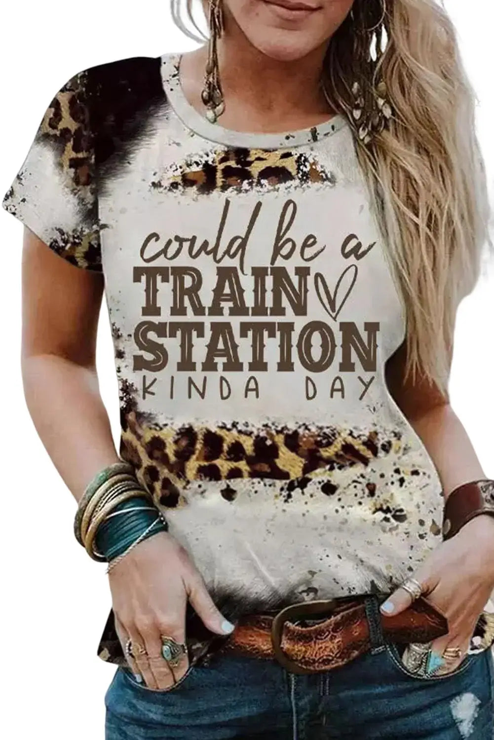Brown train station graphic leopard print t shirt