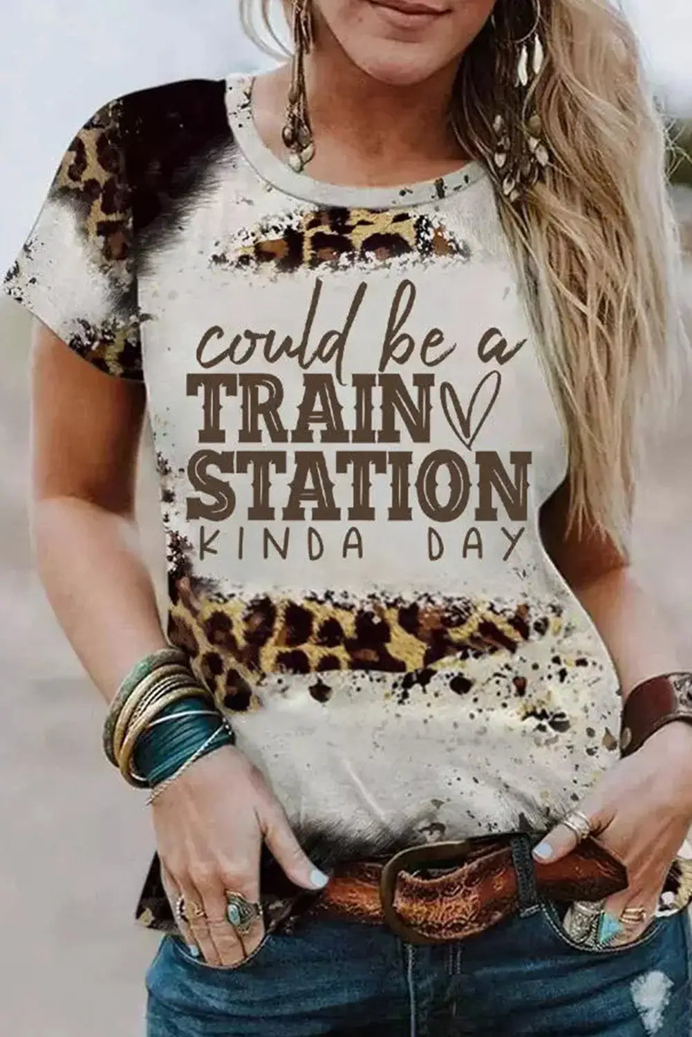 Brown train station graphic leopard print t shirt - s /