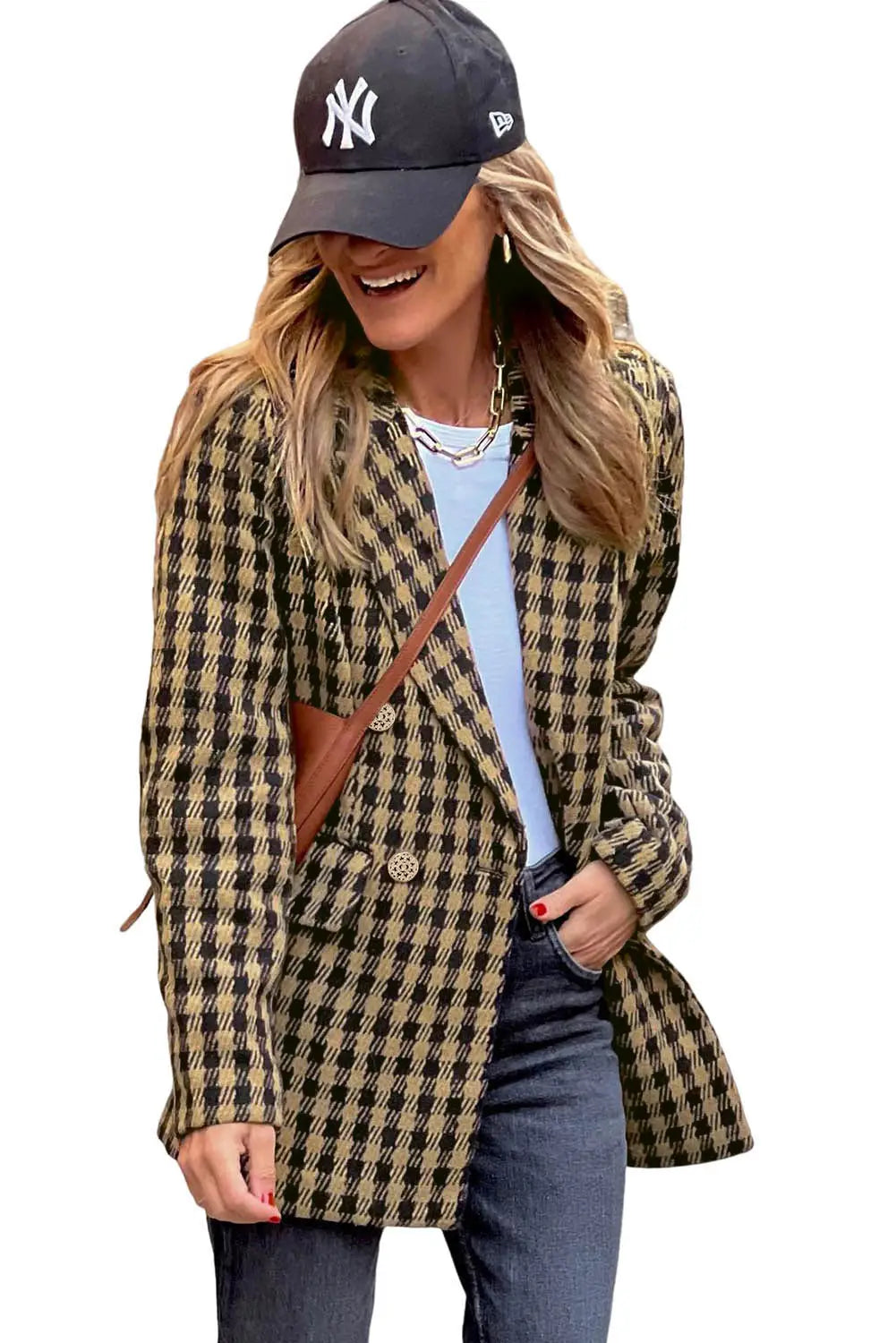 Brown tweed houndstooth plaid pattern double breasted blazer