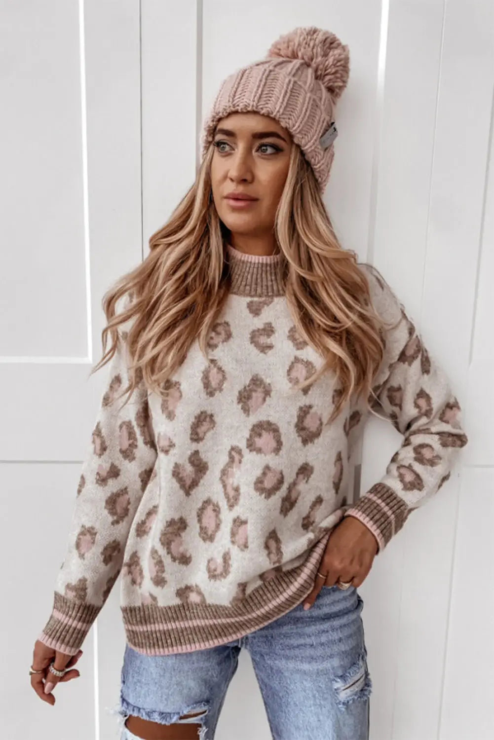 Brown two-tone ribbed trim contrast leopard sweater - sweaters & cardigans