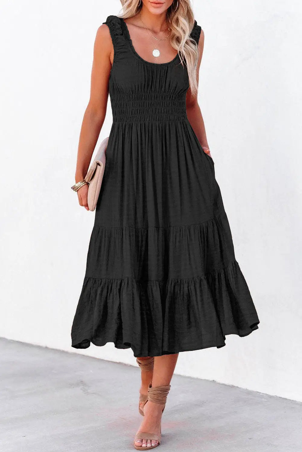 Brown u-neck sleeveless ruched tiered ruffled midi dress - black / s / 55% viscose + 45% polyester - dresses
