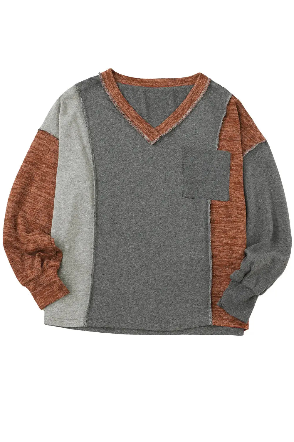 Brown v neck color block patchwork loose pullover - long sleeve tops