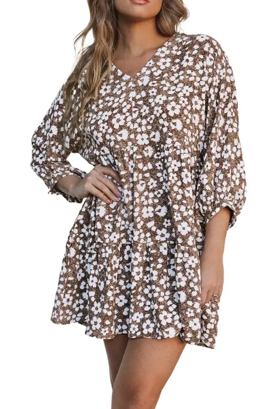 Brown v neck daisy print empire waist mini dress - floral dresses