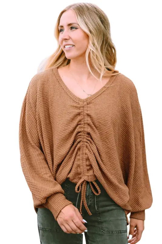 Brown v-neck drawstring dolman sleeve waffle knit top - long tops