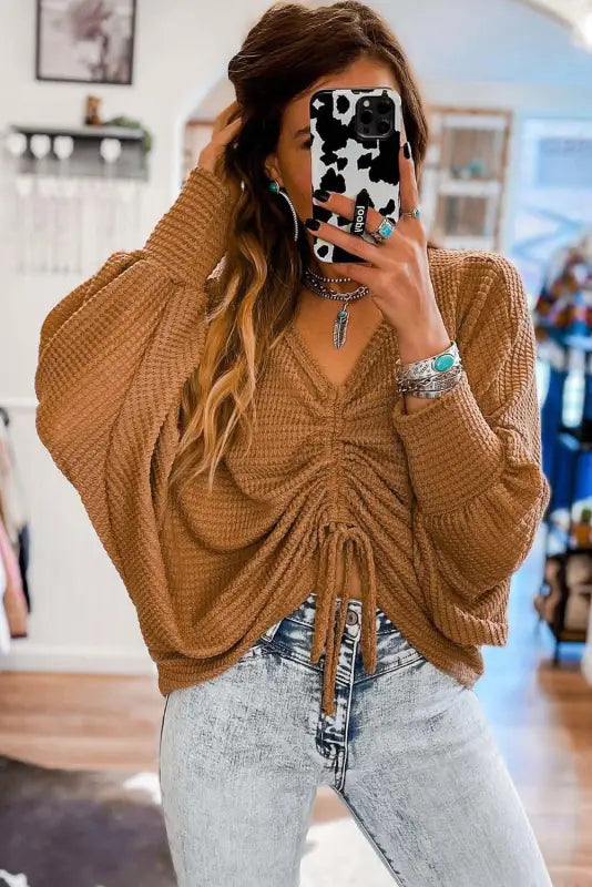 Brown v-neck drawstring dolman sleeve waffle knit top - long tops