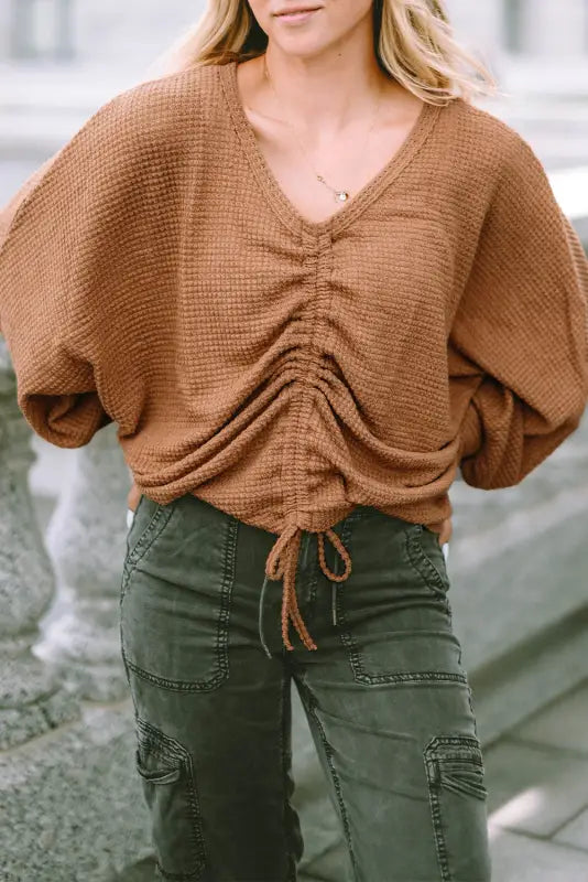 Brown v-neck drawstring dolman sleeve waffle knit top - long tops