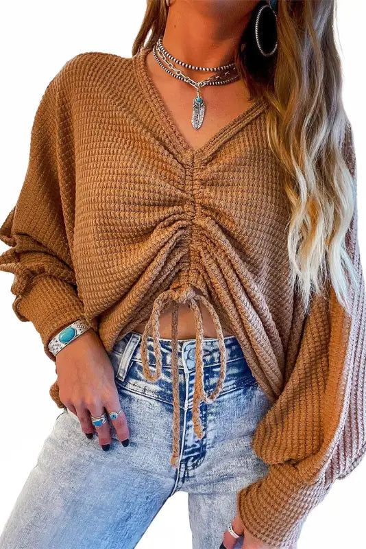 Brown v-neck drawstring dolman sleeve waffle knit top - long tops