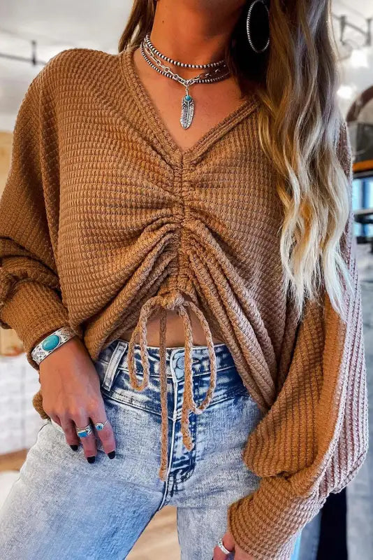 Brown v-neck drawstring dolman sleeve waffle knit top - long tops