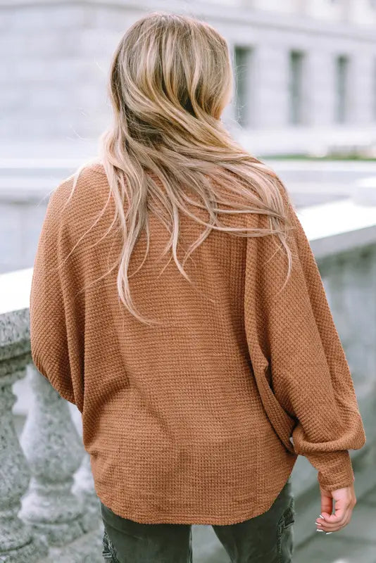 Brown v-neck drawstring dolman sleeve waffle knit top - long tops