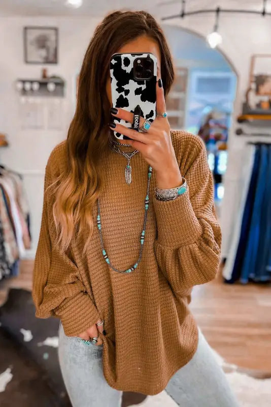 Brown v-neck drawstring dolman sleeve waffle knit top - long tops