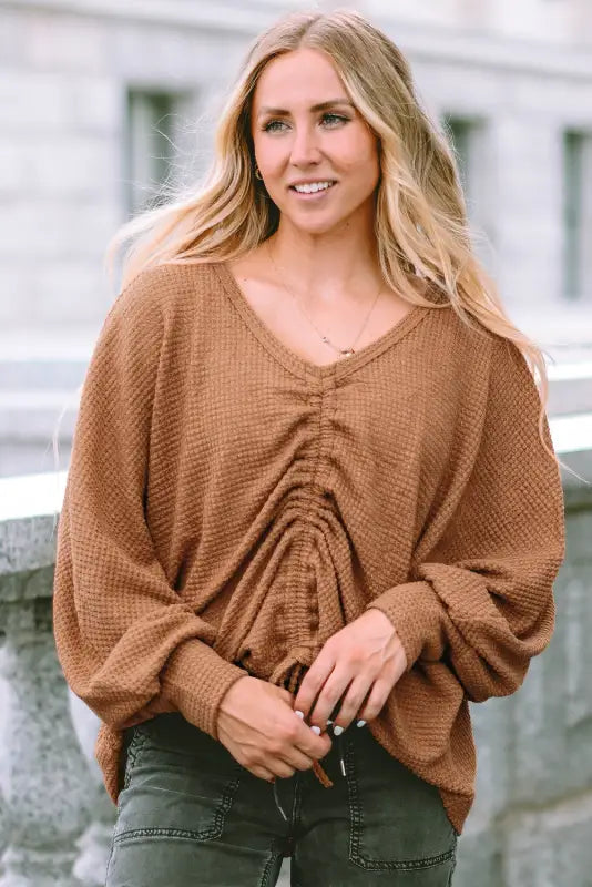 Brown v-neck drawstring dolman sleeve waffle knit top - long tops