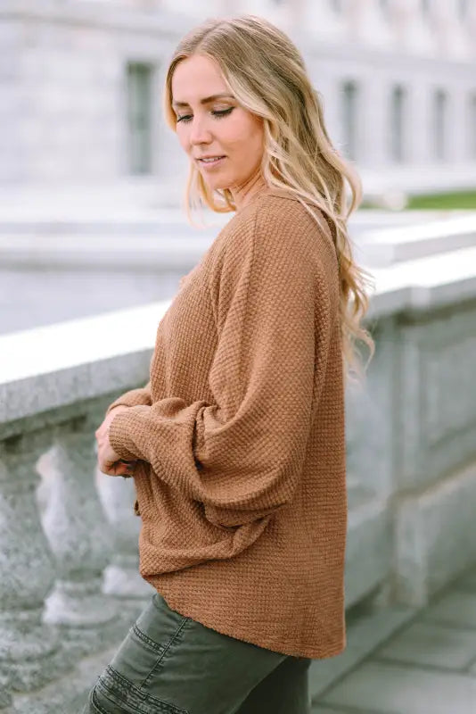 Brown v-neck drawstring dolman sleeve waffle knit top - long tops