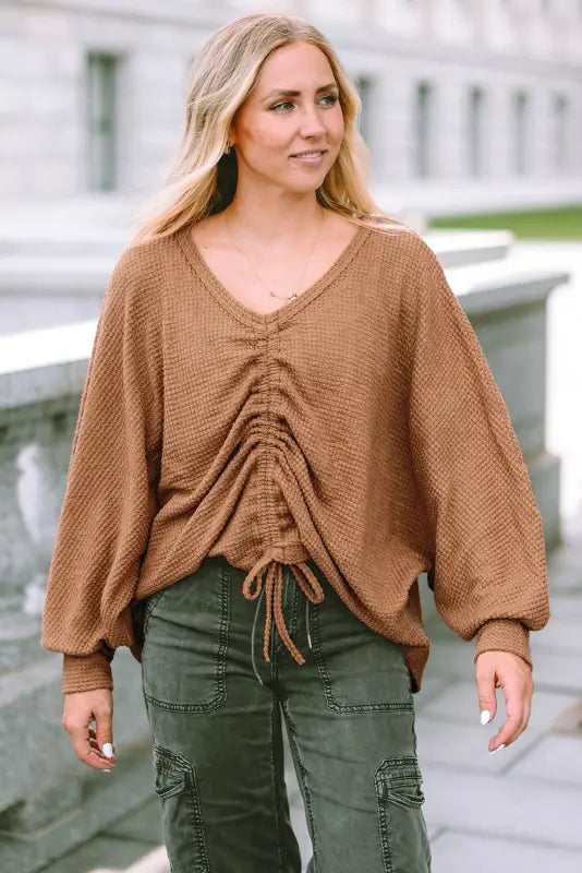 Brown v-neck drawstring dolman sleeve waffle knit top - long tops