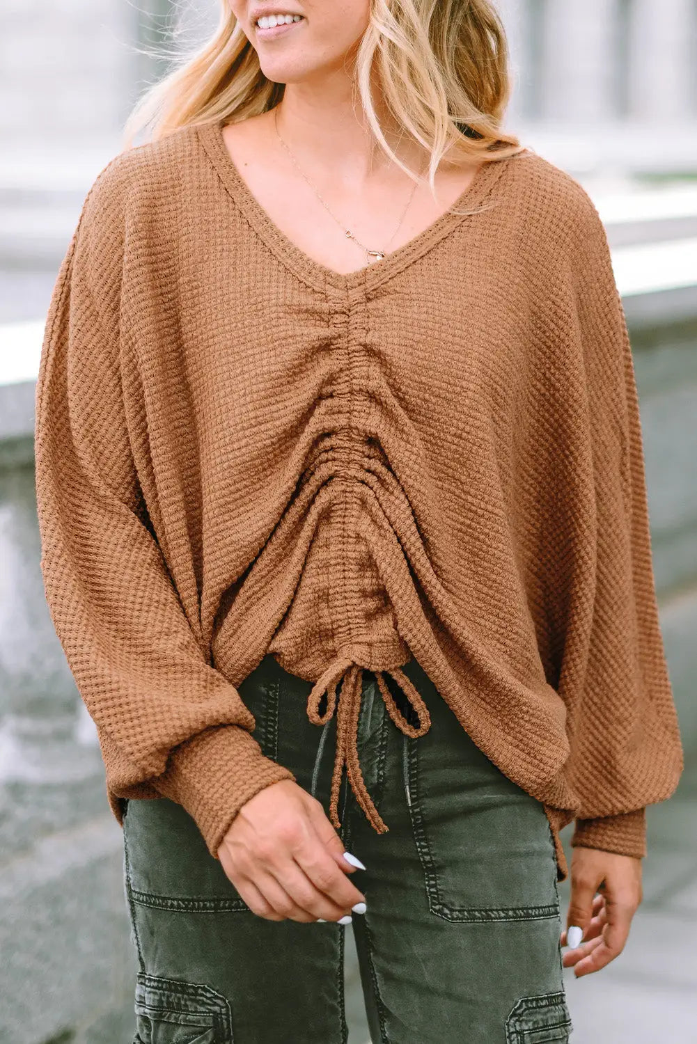 Brown v-neck drawstring dolman sleeve waffle knit top - long tops