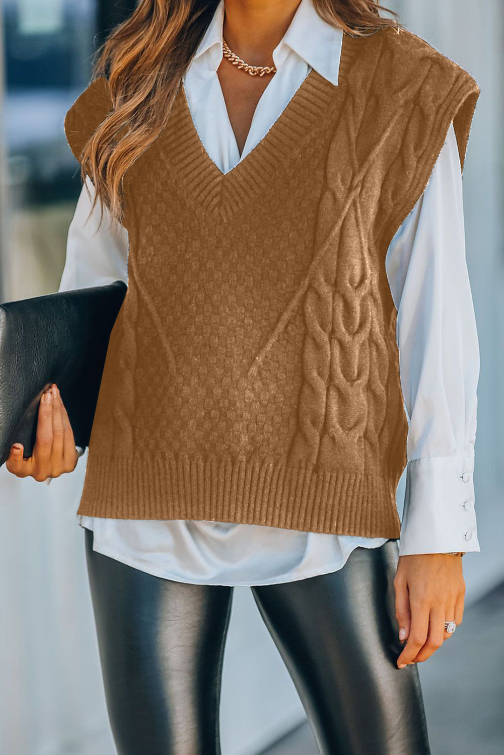 Brown v-neck twist knitted vest sweater - s / 44% viscose + 28% nylon + 28% polybutylene terephthalate - sweaters &