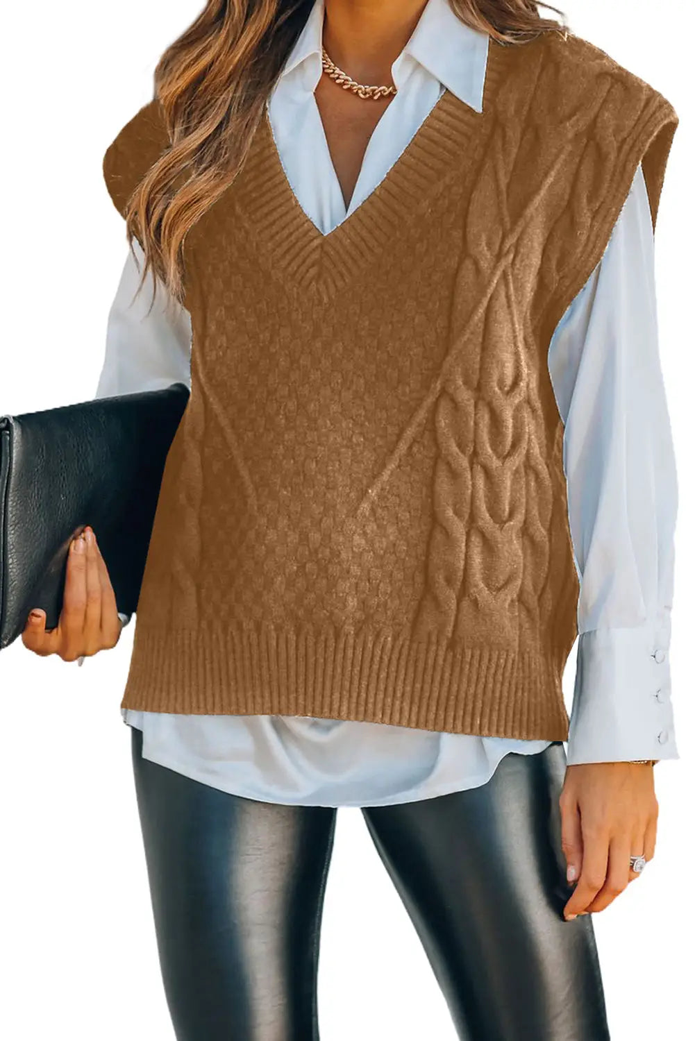 Brown v-neck twist knitted vest sweater - sweaters & cardigans