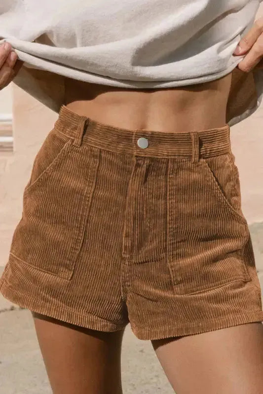 Brown Vintage Elastic Waist Back Pocketed Corduroy Shorts - Fashionfitz